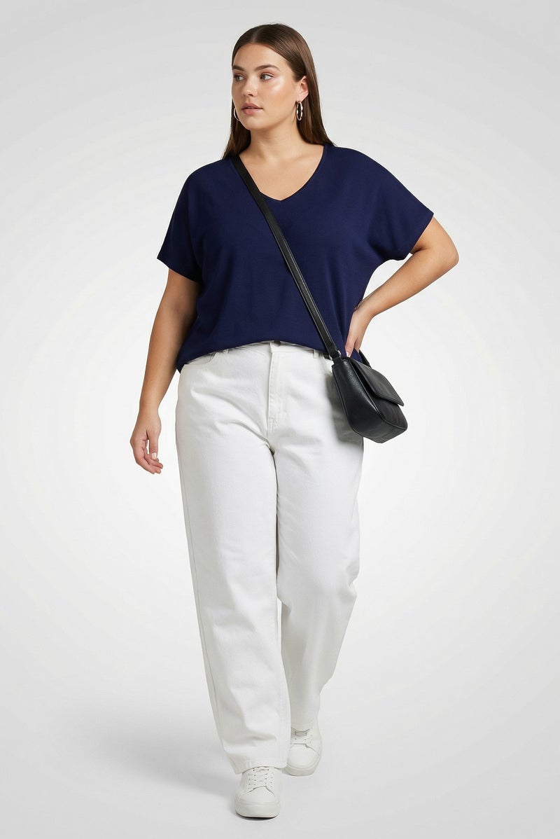 Tchibo Women Round Neck Short Sleeve Textured Top, Navy - Image 1